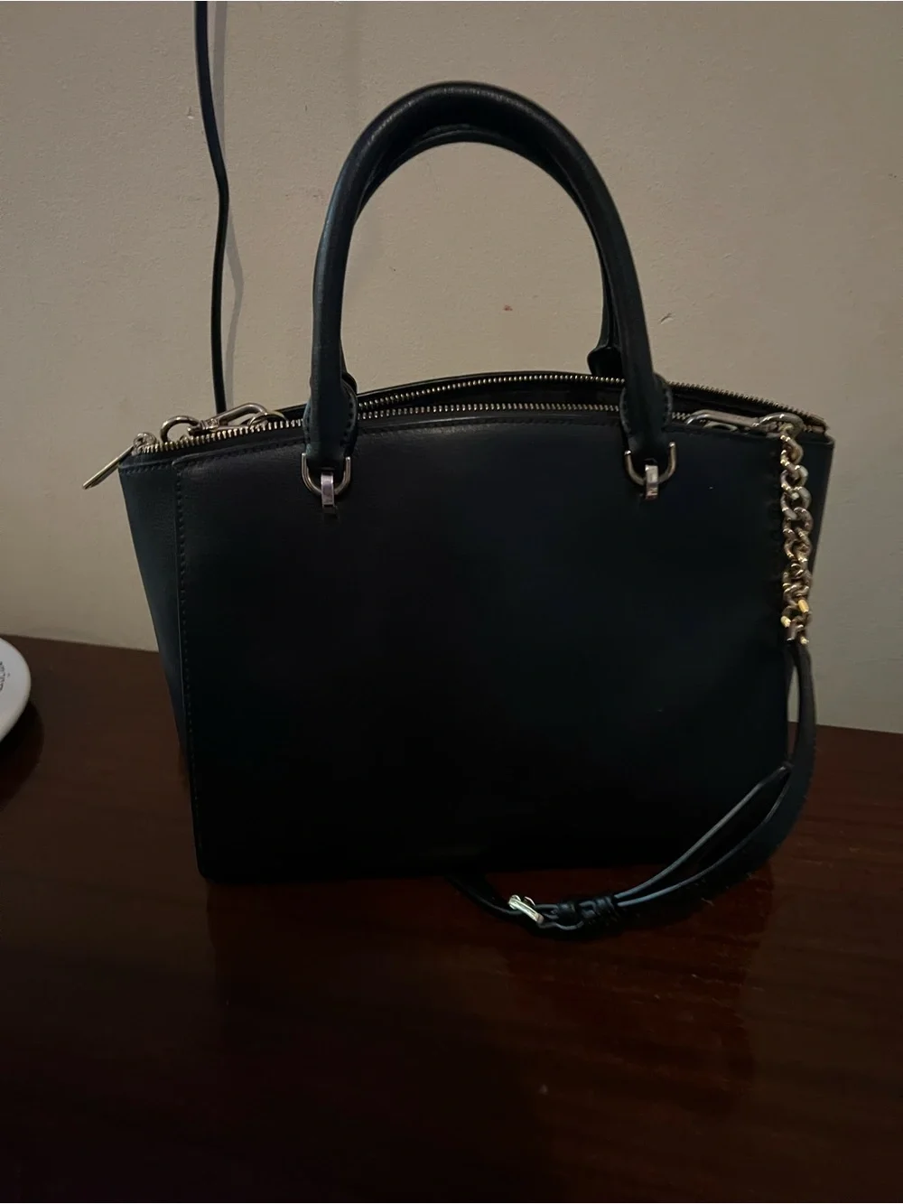 Michael Kors Black Leather Dome Satchel with Chain Accent